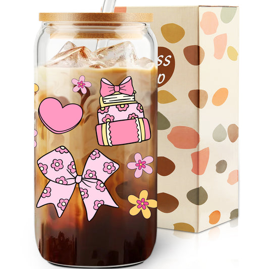 Gifts for Her, Books Bows Lover Gifts, Pink Heart Cup, Coquette Bow Lover Glass Tumbler, Bookish Gift Set, Floral Mug, 16oz Cute Iced Coffee Cup with Bamboo Lid and Straw for Girls Readers, Bookworm