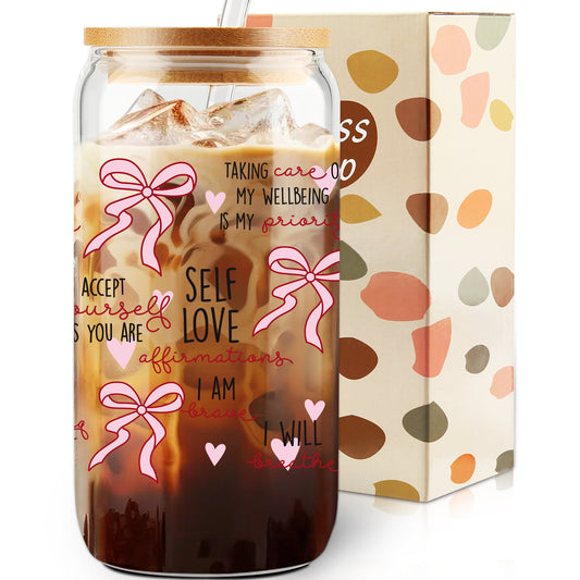 Gift for Her, Self Love Affirmations Glass Cup, Self-Love Gift, Woman Tumbler, Birthday Gift, Gift for Teenage Daughter, Coquette Coffee Cup, Pink bow Ribbon Glass cup with Straw and Lid, Girl Gifts