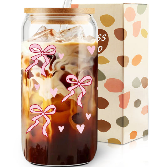 Girl Gift, Pink Bow Coquette Glass Iced Coffee Cup, Tumbler Gifts, Girly Girl Gifts,VDay Gift for Her, Preppy Gift, Aesthetic Cup, Dorm Gift, Gift for Teenage Daughter, Birthday Gift, With Lid Straw