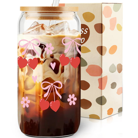 Cherry Bow Cup, Birthday Gifts for Women, Girly Gifts for Her, Sister, Mom, Colleague - 16 OZ Glass Tumbler with Straw & Lid, Coquette Iced Coffee Cup, Valentine's day Gift, Galentines Day Party Favor