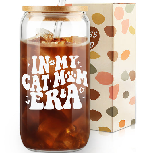 In My Cat Mom Era Cup, Birthday Gifts for Cat Mom Ice Coffee Cup, Mother's Day Gift, Kitty Mama Glass Cup, Cats Mum Glass Tumbler Can, Unique Pet Owner Presents, 16oz with Bamboo Lid and Straw