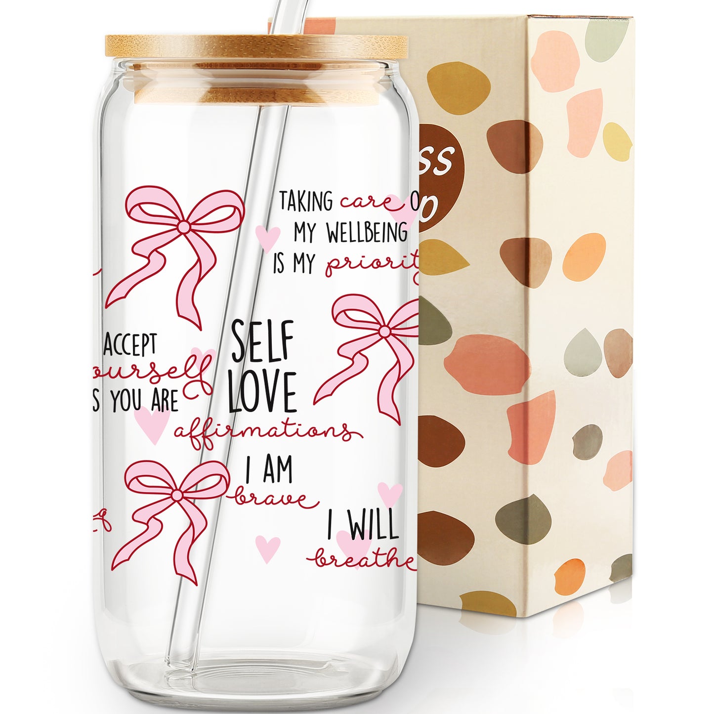 Gift for Her, Self Love Affirmations Glass Cup, Self-Love Gift, Woman Tumbler, Birthday Gift, Gift for Teenage Daughter, Coquette Coffee Cup, Pink bow Ribbon Glass cup with Straw and Lid, Girl Gifts