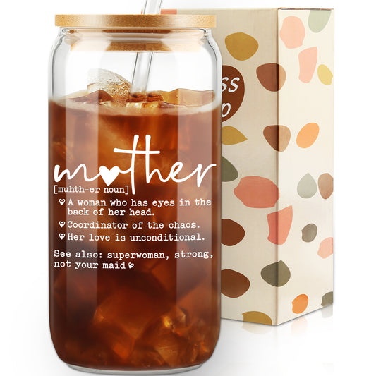 Funny Mother Definition, Mother's Day Gift from Daughter, Mom Appreciation Gift, Iced Coffee Glass Cup for Coffee Lover, Mom Themed Glassware, Birthday Gifts for Mama, Stepmom, With Bamboo Lid Straw