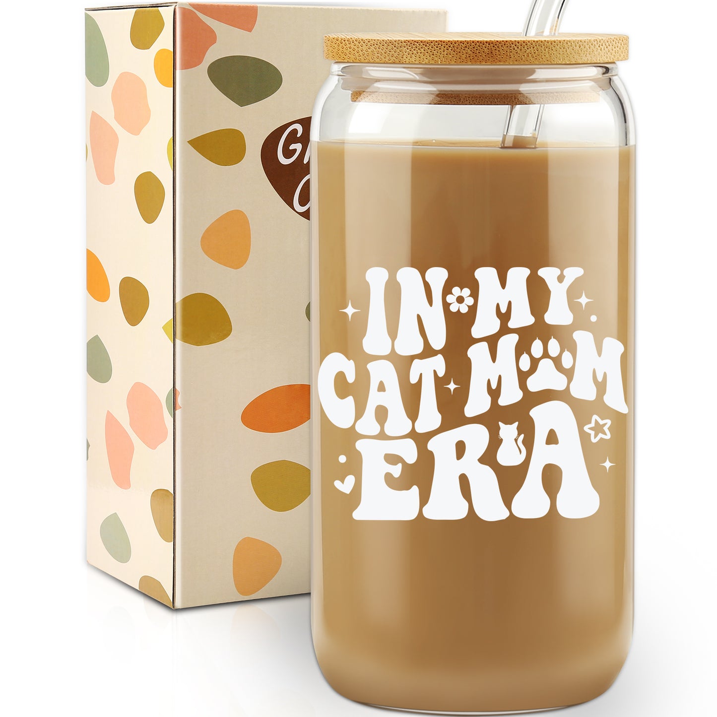 In My Cat Mom Era Cup, Birthday Gifts for Cat Mom Ice Coffee Cup, Mother's Day Gift, Kitty Mama Glass Cup, Cats Mum Glass Tumbler Can, Unique Pet Owner Presents, 16oz with Bamboo Lid and Straw