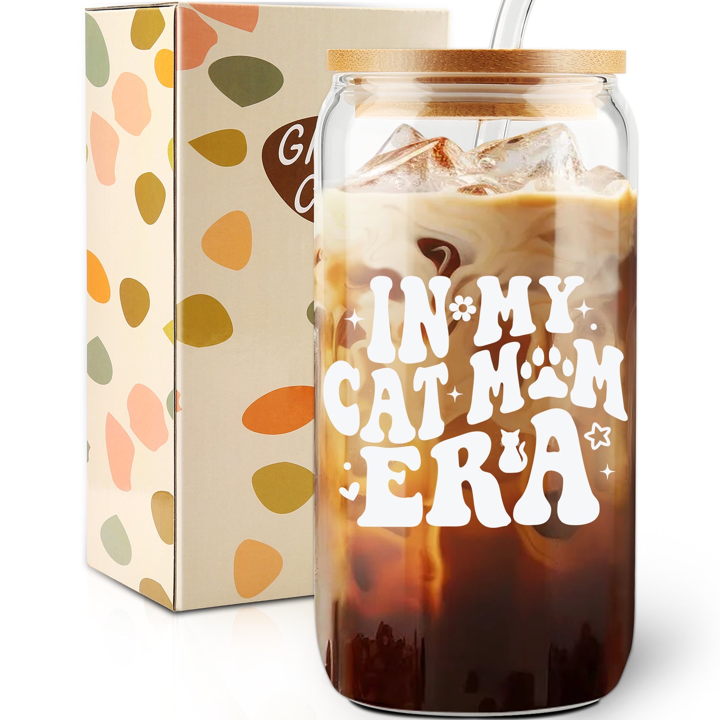 In My Cat Mom Era Cup, Birthday Gifts for Cat Mom Ice Coffee Cup, Mother's Day Gift, Kitty Mama Glass Cup, Cats Mum Glass Tumbler Can, Unique Pet Owner Presents, 16oz with Bamboo Lid and Straw