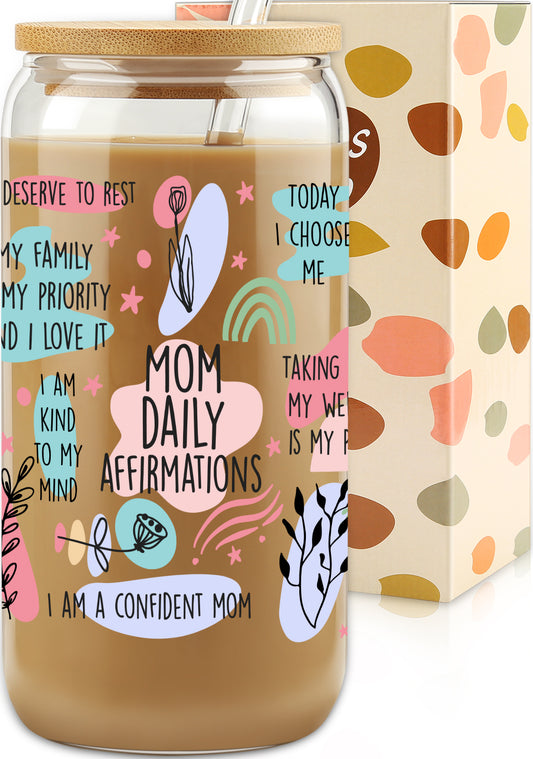 Gifts For Mom - Mom Daily Affirmations Cup for Mother's Day from Daughter, Son - Birthday Gifts For Women, Mama, Stepmom, Her, Wife, Bonusmom, New Mum - 16oz Iced Coffee Glass Cup with Straw Lid