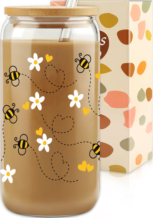 Gift For Women, Her - Birthday Gifts for Women Friendship - Unique Gifts For Women, Friends, Bestie, Bff, Soul Sister, Work Bestie - Honey Bee Daisy 16 OZ Iced Glass Can Tumbler with Lid and Straw
