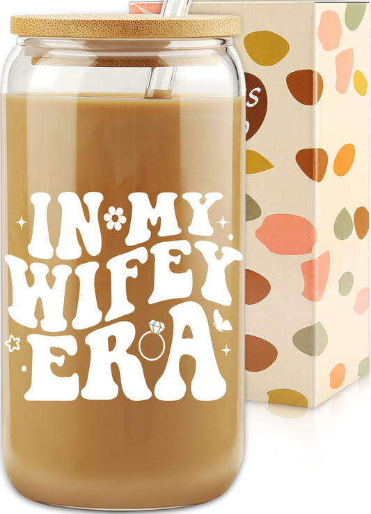 New Wifey Gifts, Bride Wedding Gift, Bridal Shower Gifts, Newlywed Present for Bride, Bride to Be Gift Idea, In My Wifey Era Ice Coffee Cup, Newly Married, Wife Present, 16 OZ Glass Cup w/ Lid & Straw