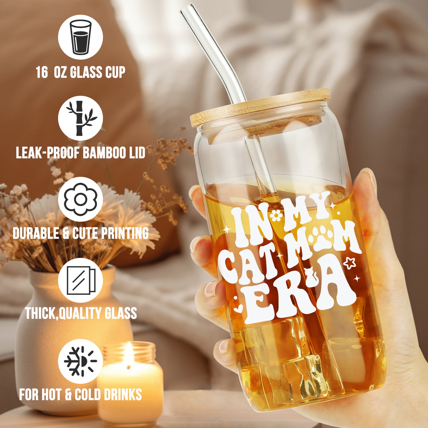 In My Cat Mom Era Cup, Birthday Gifts for Cat Mom Ice Coffee Cup, Mother's Day Gift, Kitty Mama Glass Cup, Cats Mum Glass Tumbler Can, Unique Pet Owner Presents, 16oz with Bamboo Lid and Straw