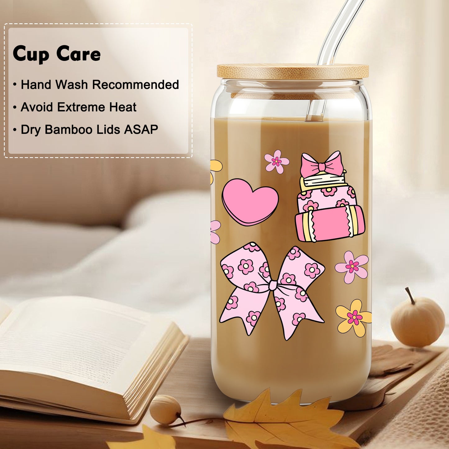 Gifts for Her, Books Bows Lover Gifts, Pink Heart Cup, Coquette Bow Lover Glass Tumbler, Bookish Gift Set, Floral Mug, 16oz Cute Iced Coffee Cup with Bamboo Lid and Straw for Girls Readers, Bookworm