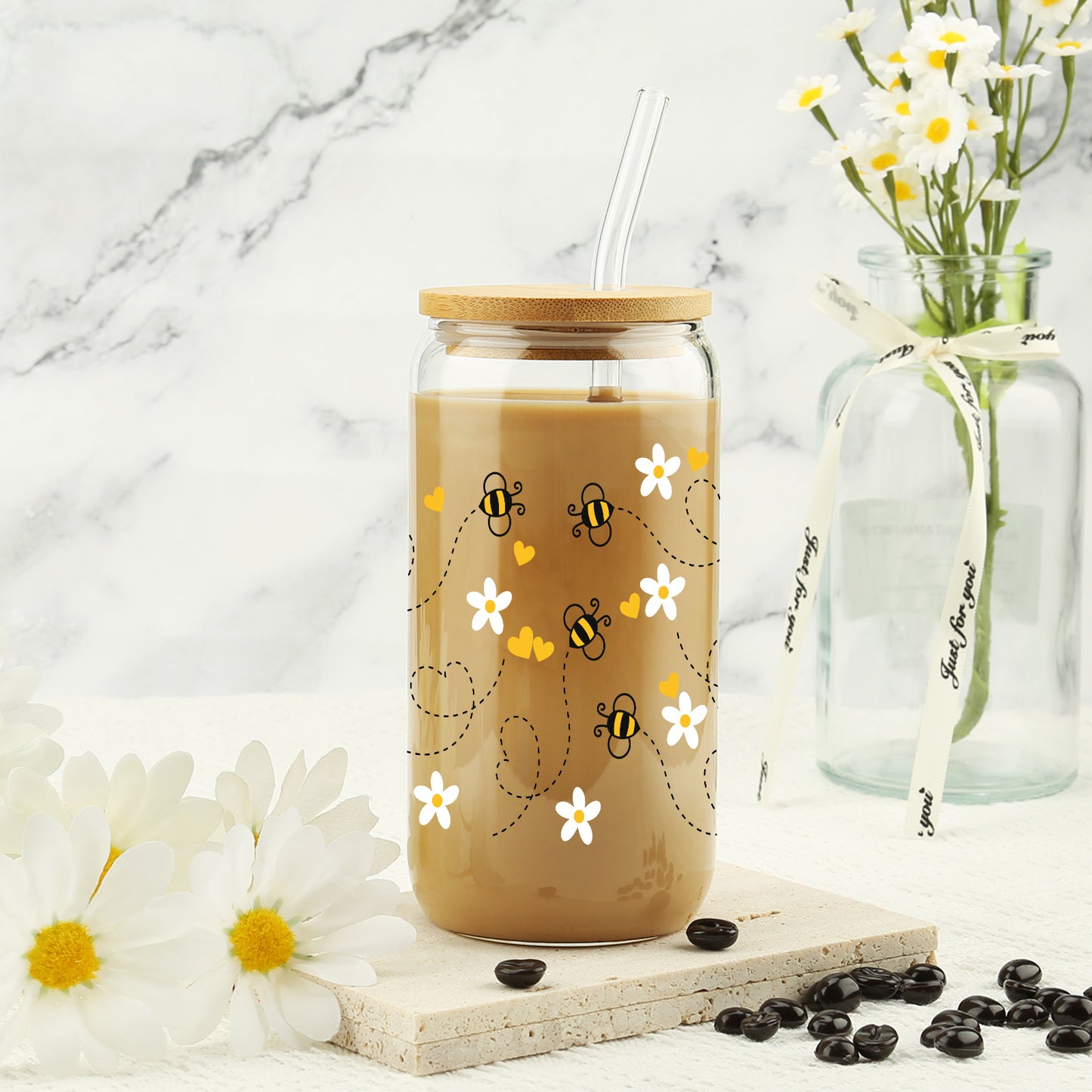 Gift For Women, Her - Birthday Gifts for Women Friendship - Unique Gifts For Women, Friends, Bestie, Bff, Soul Sister, Work Bestie - Honey Bee Daisy 16 OZ Iced Glass Can Tumbler with Lid and Straw