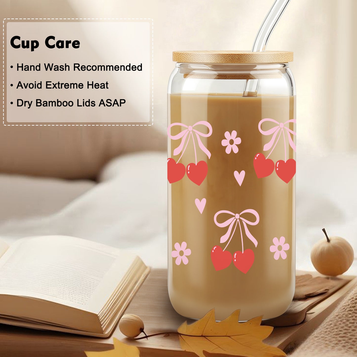 Cherry Bow Cup, Birthday Gifts for Women, Girly Gifts for Her, Sister, Mom, Colleague - 16 OZ Glass Tumbler with Straw & Lid, Coquette Iced Coffee Cup, Valentine's day Gift, Galentines Day Party Favor