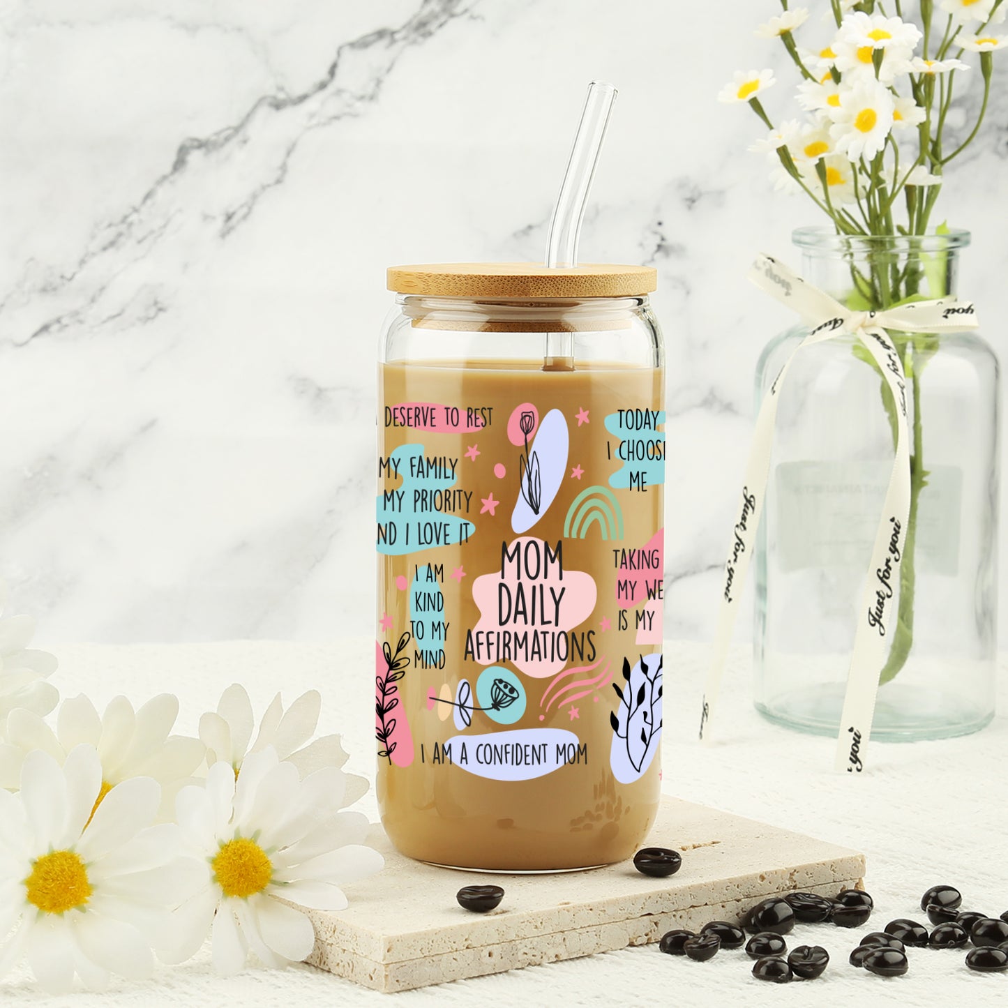 Gifts For Mom - Mom Daily Affirmations Cup for Mother's Day from Daughter, Son - Birthday Gifts For Women, Mama, Stepmom, Her, Wife, Bonusmom, New Mum - 16oz Iced Coffee Glass Cup with Straw Lid