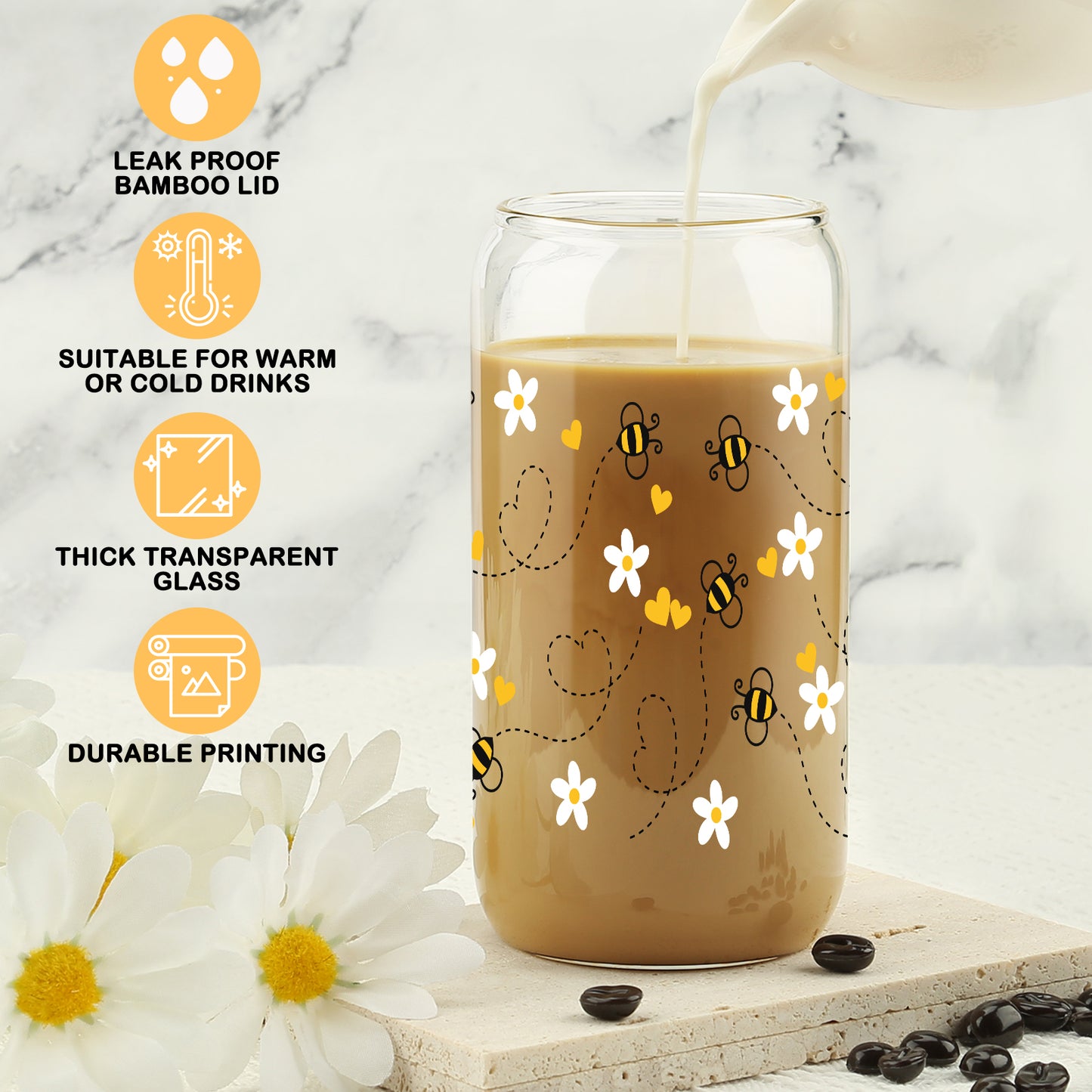 Gift For Women, Her - Birthday Gifts for Women Friendship - Unique Gifts For Women, Friends, Bestie, Bff, Soul Sister, Work Bestie - Honey Bee Daisy 16 OZ Iced Glass Can Tumbler with Lid and Straw
