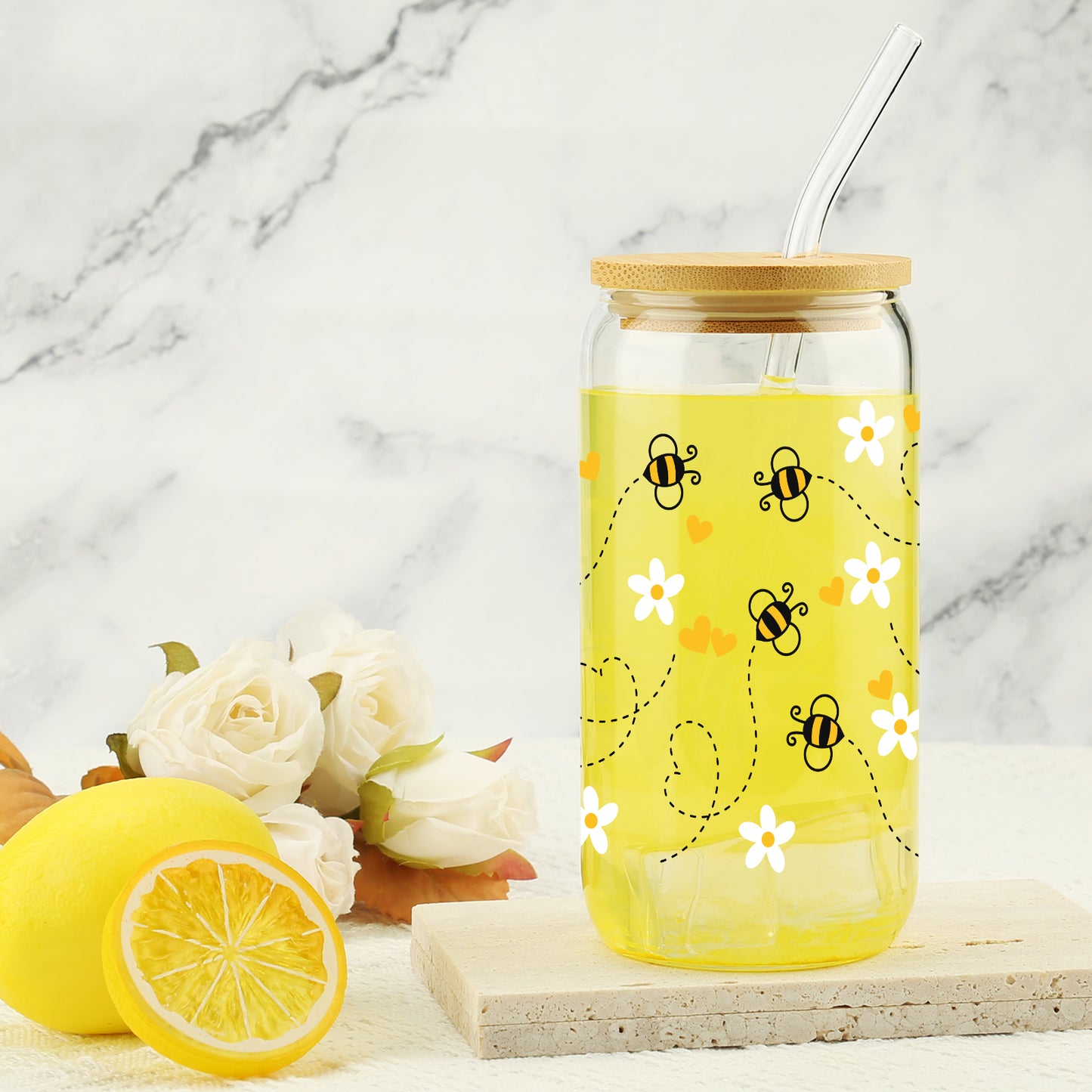 Gift For Women, Her - Birthday Gifts for Women Friendship - Unique Gifts For Women, Friends, Bestie, Bff, Soul Sister, Work Bestie - Honey Bee Daisy 16 OZ Iced Glass Can Tumbler with Lid and Straw