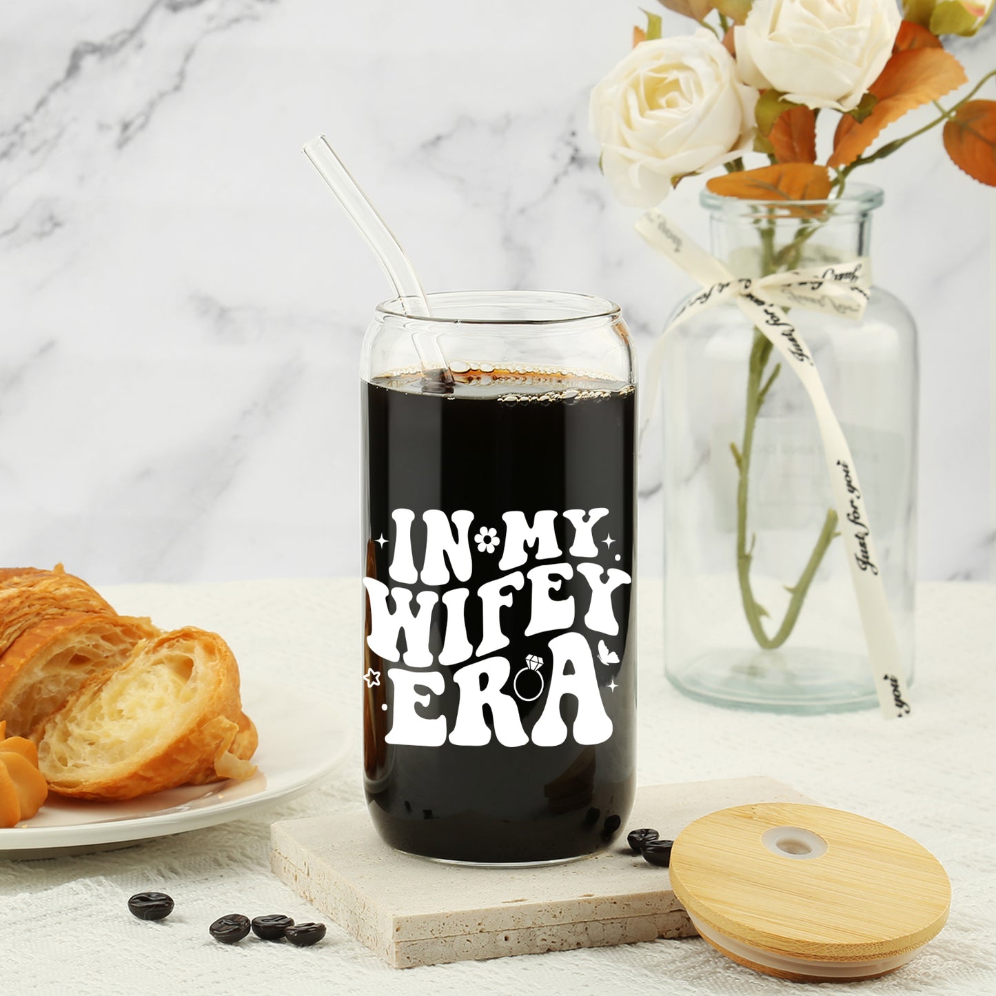 New Wifey Gifts, Bride Wedding Gift, Bridal Shower Gifts, Newlywed Present for Bride, Bride to Be Gift Idea, In My Wifey Era Ice Coffee Cup, Newly Married, Wife Present, 16 OZ Glass Cup w/ Lid & Straw