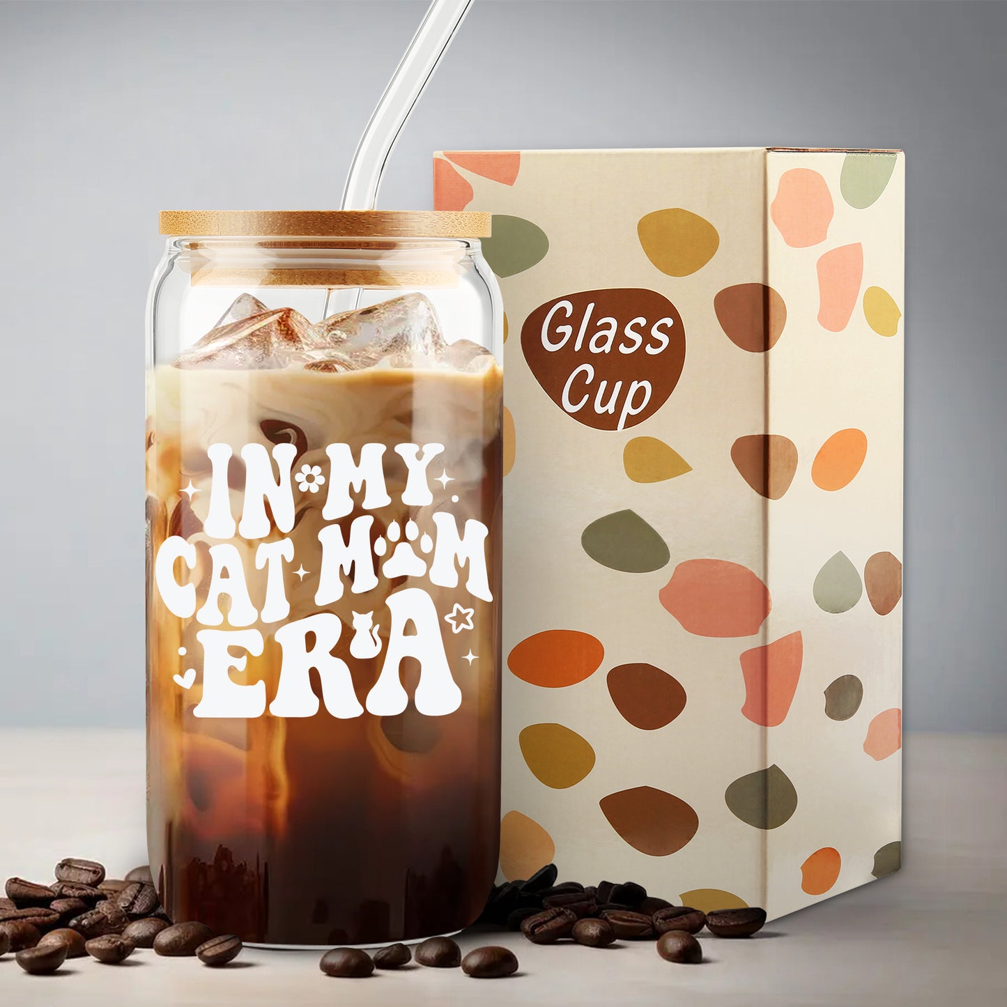 In My Cat Mom Era Cup, Birthday Gifts for Cat Mom Ice Coffee Cup, Mother's Day Gift, Kitty Mama Glass Cup, Cats Mum Glass Tumbler Can, Unique Pet Owner Presents, 16oz with Bamboo Lid and Straw