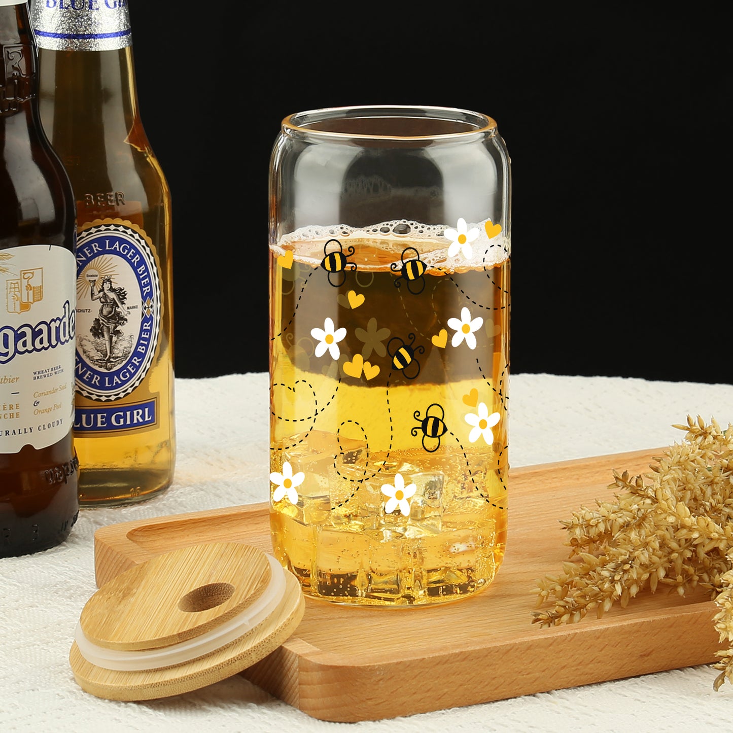 Gift For Women, Her - Birthday Gifts for Women Friendship - Unique Gifts For Women, Friends, Bestie, Bff, Soul Sister, Work Bestie - Honey Bee Daisy 16 OZ Iced Glass Can Tumbler with Lid and Straw