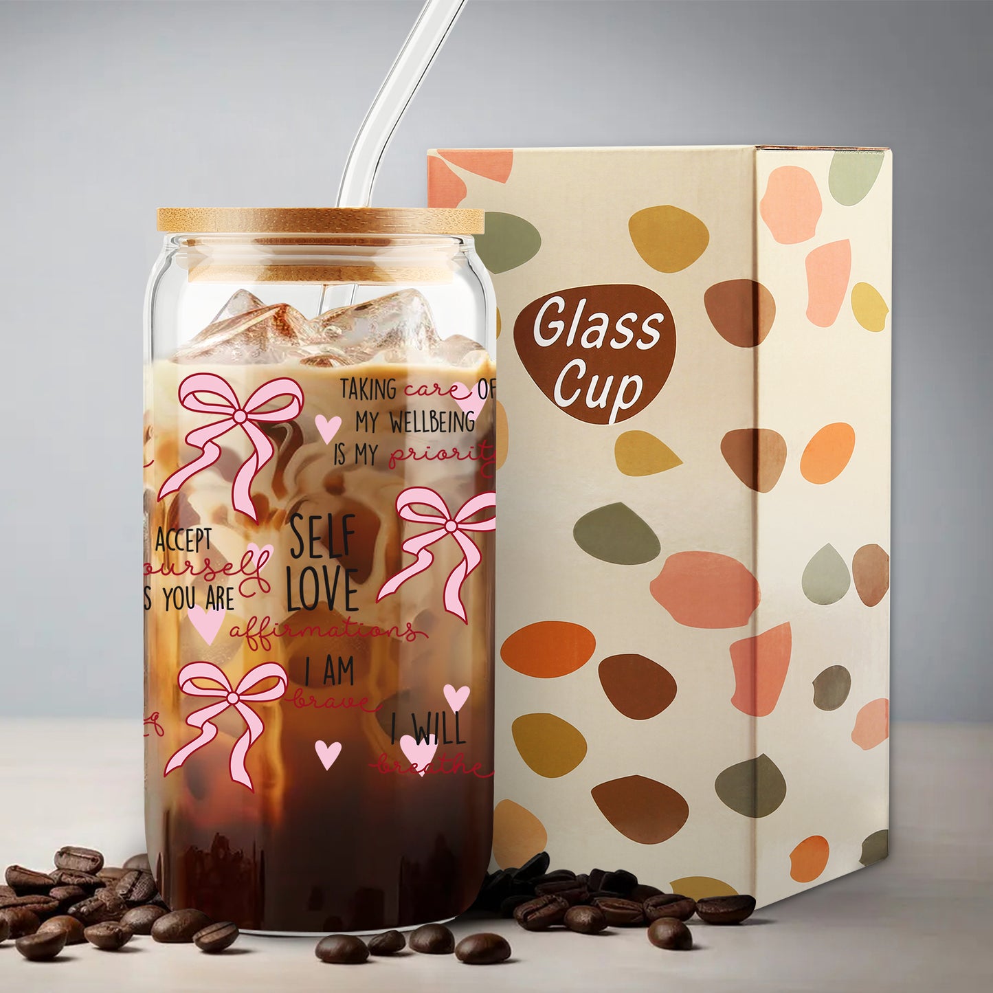 Gift for Her, Self Love Affirmations Glass Cup, Self-Love Gift, Woman Tumbler, Birthday Gift, Gift for Teenage Daughter, Coquette Coffee Cup, Pink bow Ribbon Glass cup with Straw and Lid, Girl Gifts
