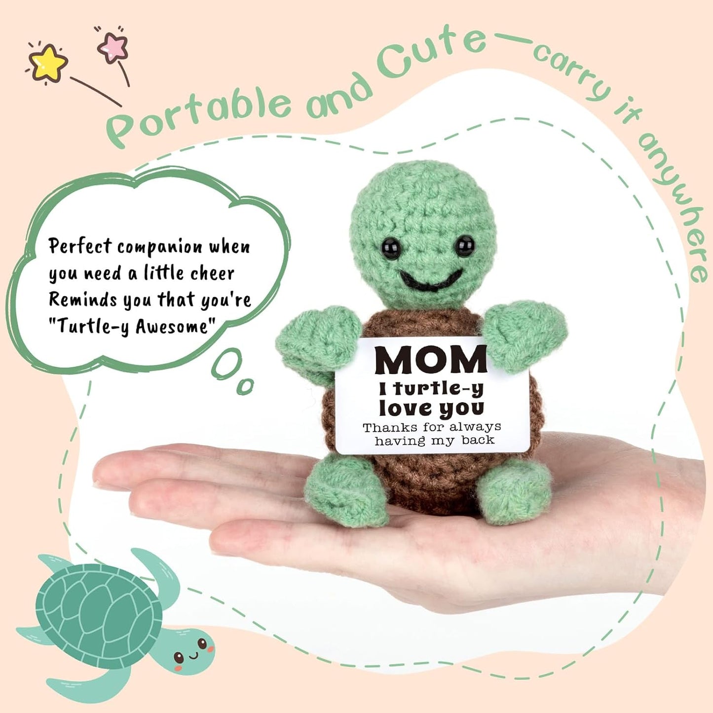 Mini Funny Turtle for  Her Him, Mothers Day Mom Gifts from Daughter Son, New Bonus Step Mom Mama Mother in Law Gifts Ideas, I Love You Small Cute Stuff Things, Handmade Emotional Positive Crochet Turtle